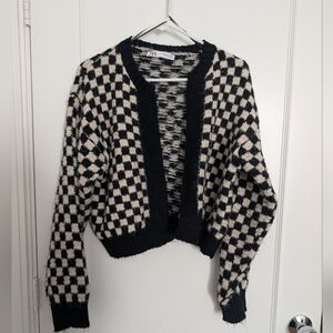 Zara Cropped Black And White Checkered Cardigan - Medium